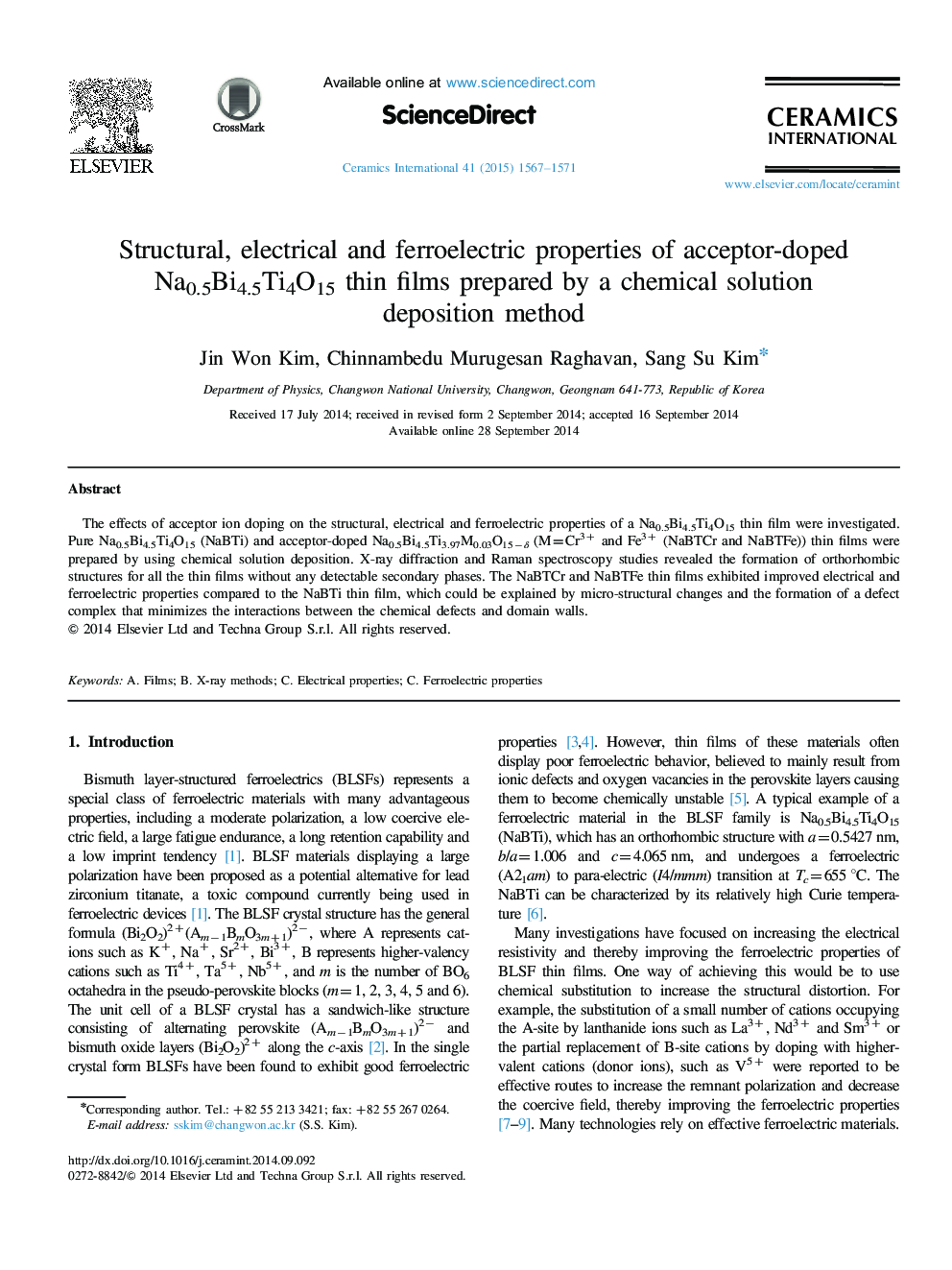 Structural, electrical and ferroelectric properties of acceptor-doped Na0.5Bi4.5Ti4O15 thin films prepared by a chemical solution deposition method