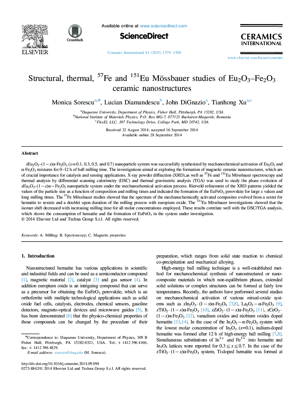 Structural, thermal, 57Fe and 151Eu Mössbauer studies of Eu2O3–Fe2O3 ceramic nanostructures