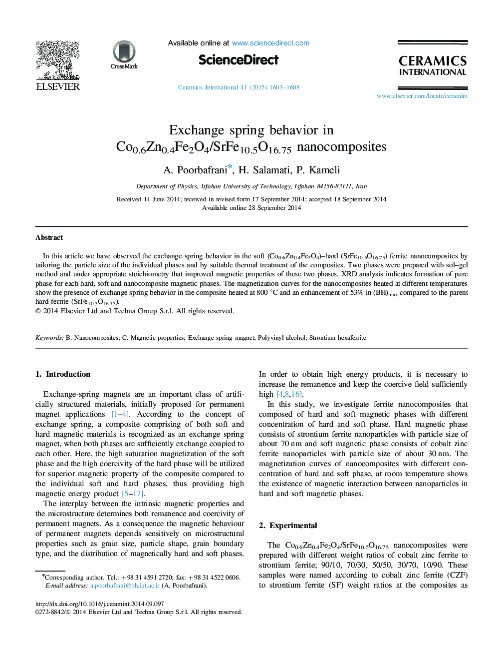 Exchange spring behavior in Co0.6Zn0.4Fe2O4/SrFe10.5O16.75 nanocomposites