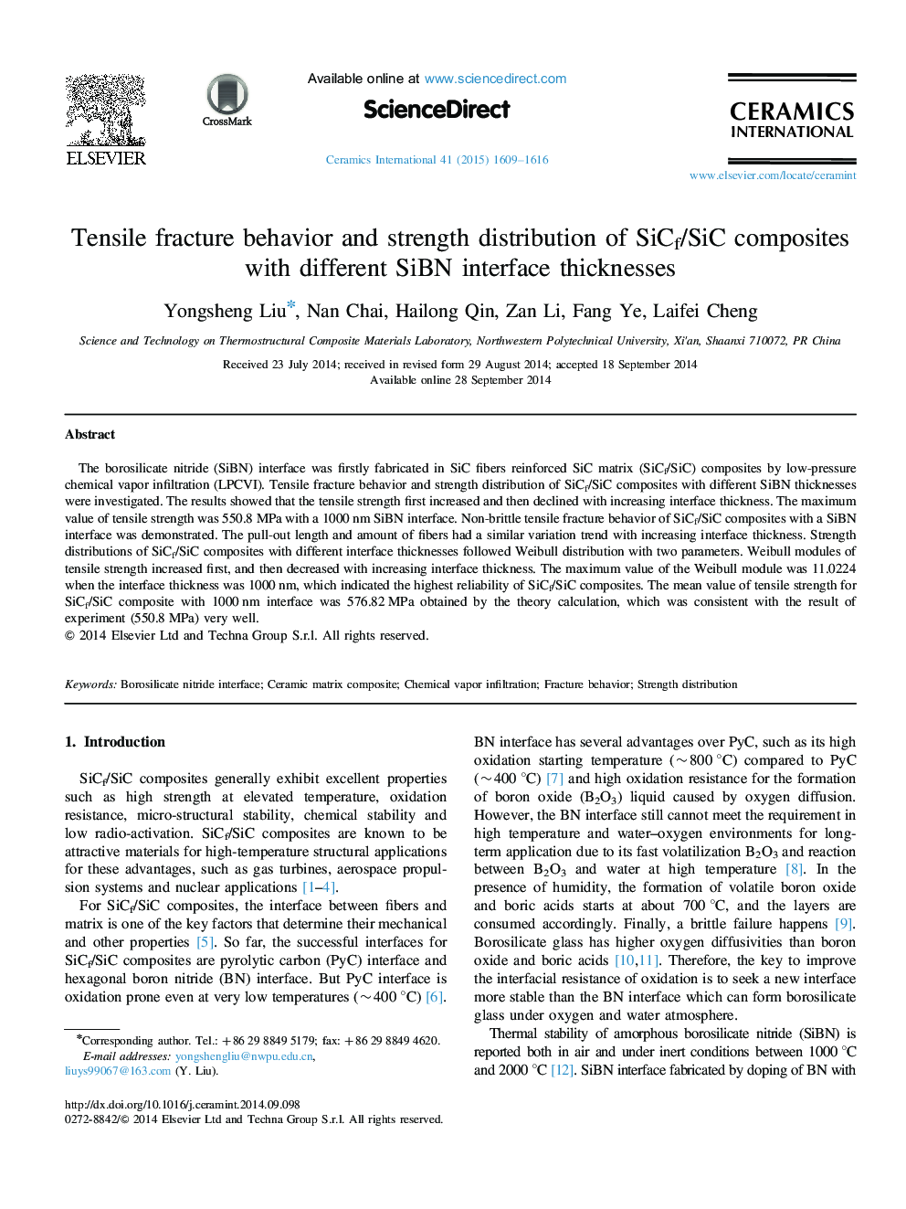 Tensile fracture behavior and strength distribution of SiCf/SiC composites with different SiBN interface thicknesses