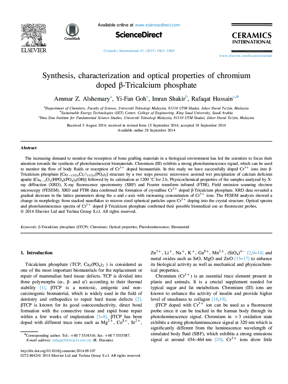 Synthesis, characterization and optical properties of chromium doped β-Tricalcium phosphate