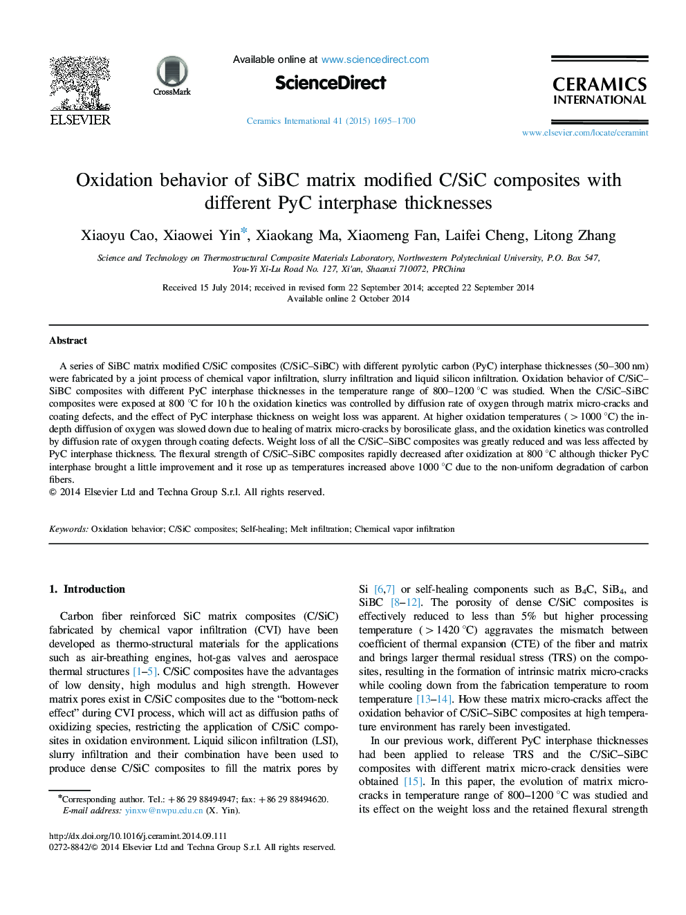 Oxidation behavior of SiBC matrix modified C/SiC composites with different PyC interphase thicknesses