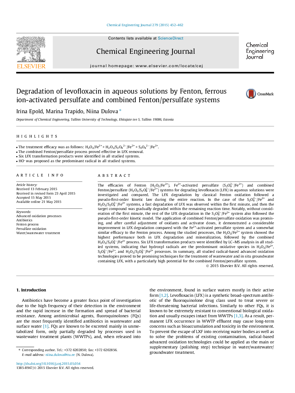 Degradation of levofloxacin in aqueous solutions by Fenton, ferrous ion-activated persulfate and combined Fenton/persulfate systems