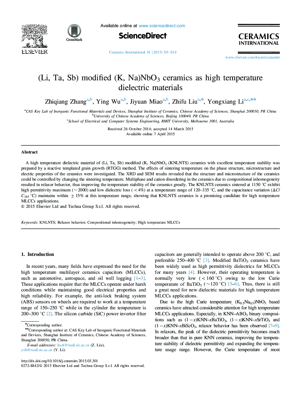 (Li, Ta, Sb) modified (K, Na)NbO3 ceramics as high temperature dielectric materials