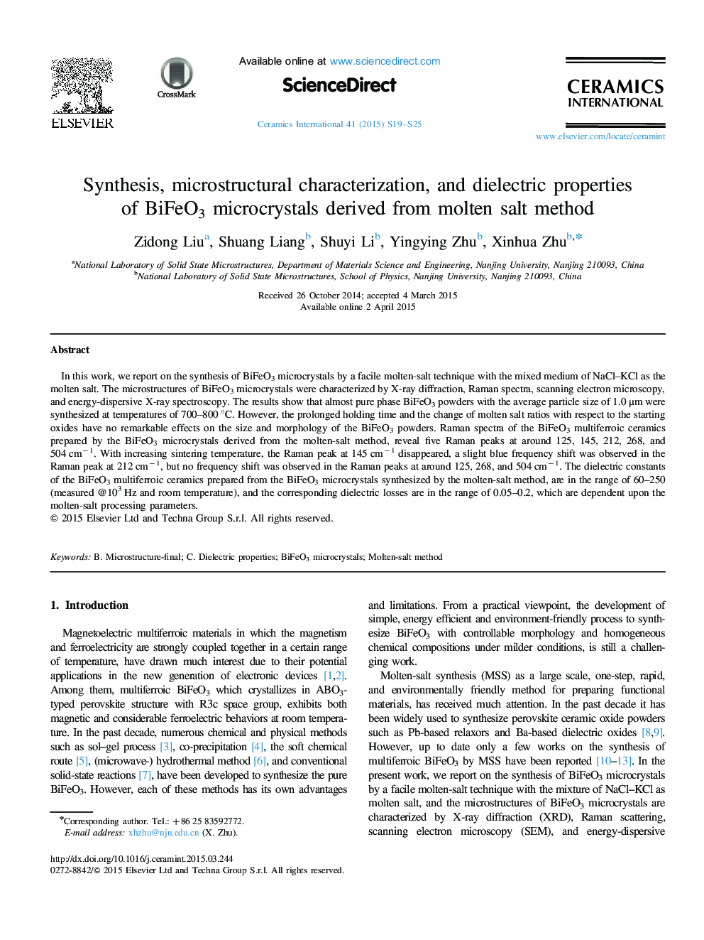 Synthesis, microstructural characterization, and dielectric properties of BiFeO3 microcrystals derived from molten salt method