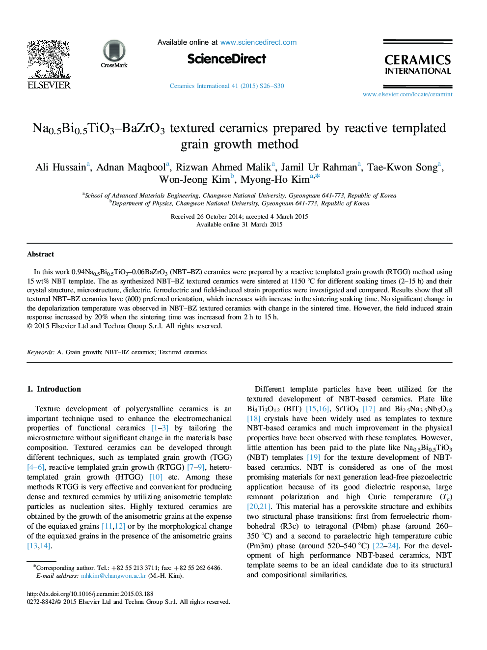 Na0.5Bi0.5TiO3–BaZrO3 textured ceramics prepared by reactive templated grain growth method