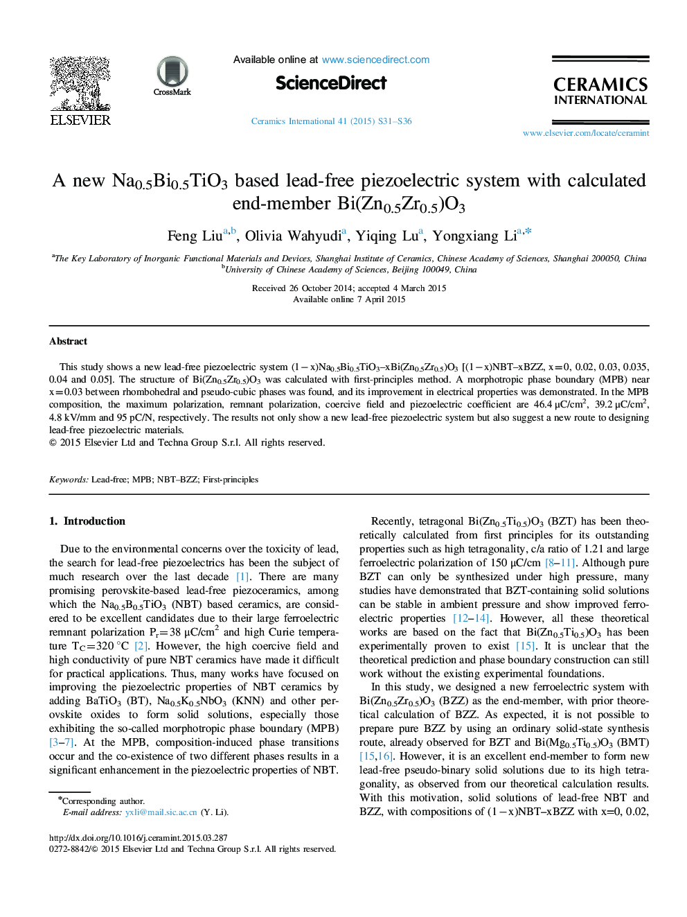 A new Na0.5Bi0.5TiO3 based lead-free piezoelectric system with calculated end-member Bi(Zn0.5Zr0.5)O3