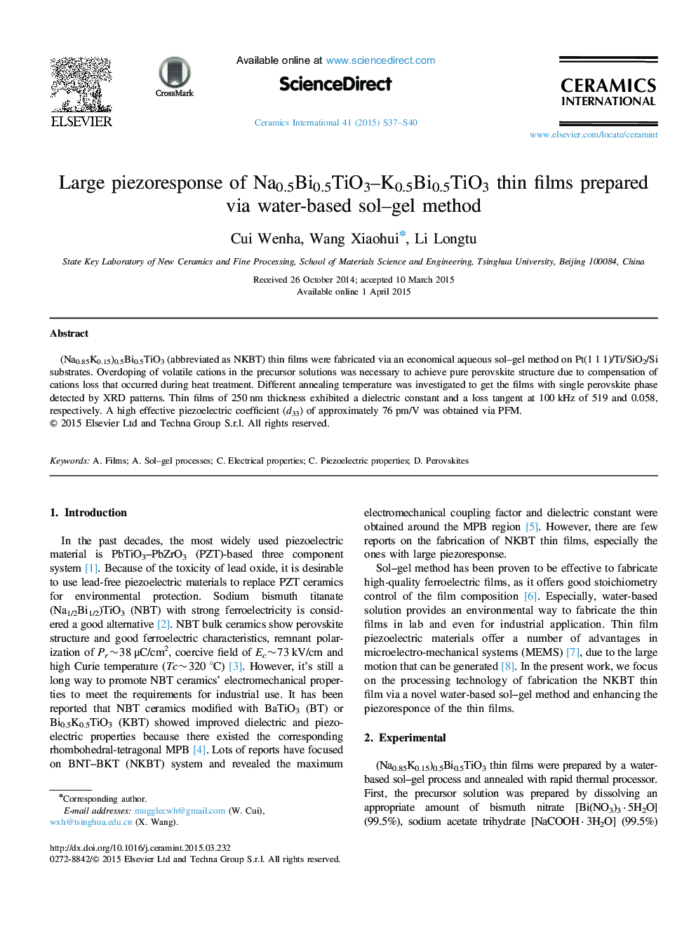 Large piezoresponse of Na0.5Bi0.5TiO3–K0.5Bi0.5TiO3 thin films prepared via water-based sol–gel method