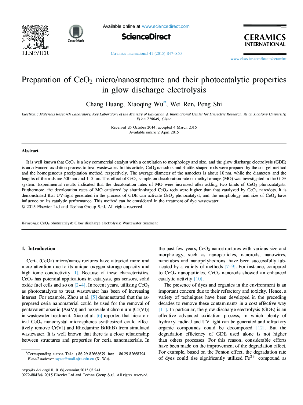 Preparation of CeO2 micro/nanostructure and their photocatalytic properties in glow discharge electrolysis