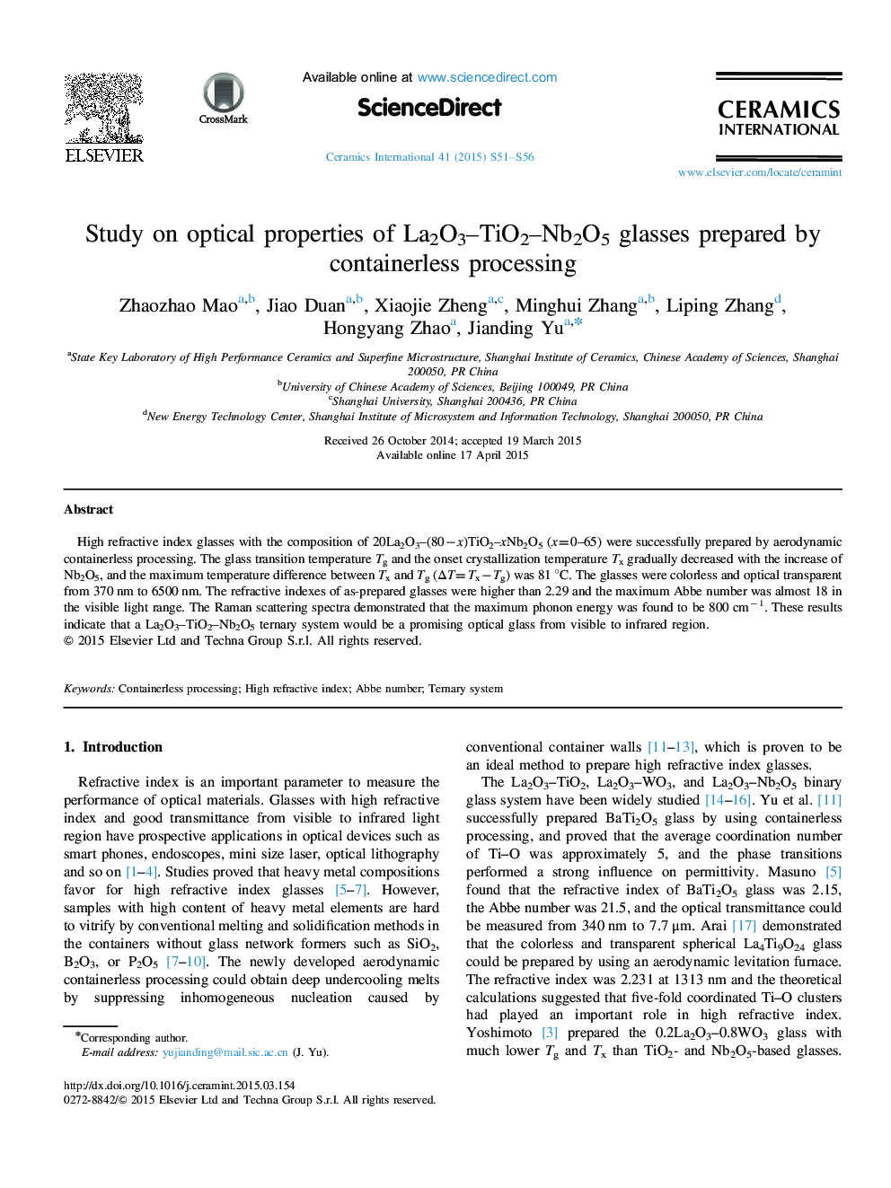 Study on optical properties of La2O3–TiO2–Nb2O5 glasses prepared by containerless processing