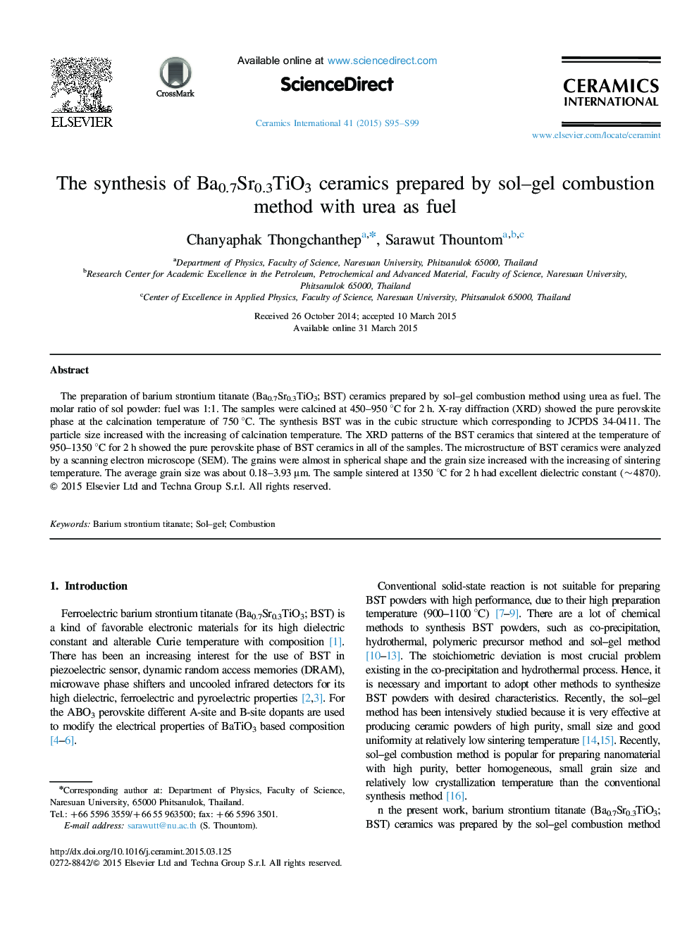 The synthesis of Ba0.7Sr0.3TiO3 ceramics prepared by sol–gel combustion method with urea as fuel