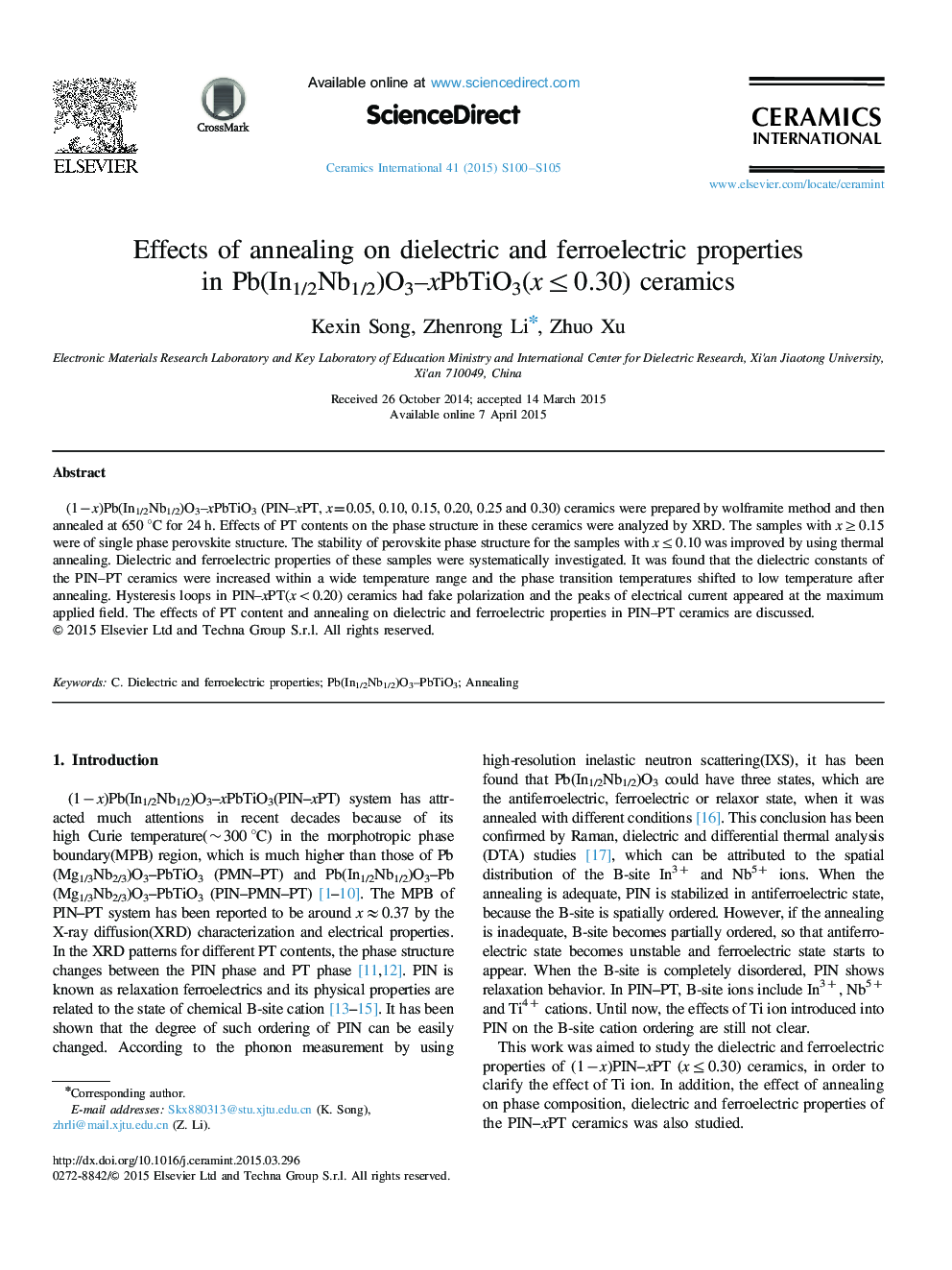 Effects of annealing on dielectric and ferroelectric properties in Pb(In1/2Nb1/2)O3–xPbTiO3(x≤0.30) ceramics