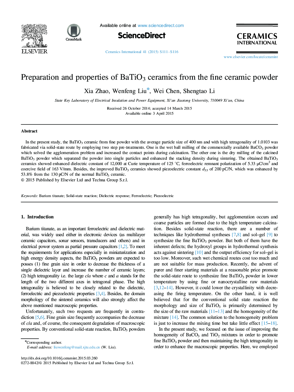 Preparation and properties of BaTiO3 ceramics from the fine ceramic powder