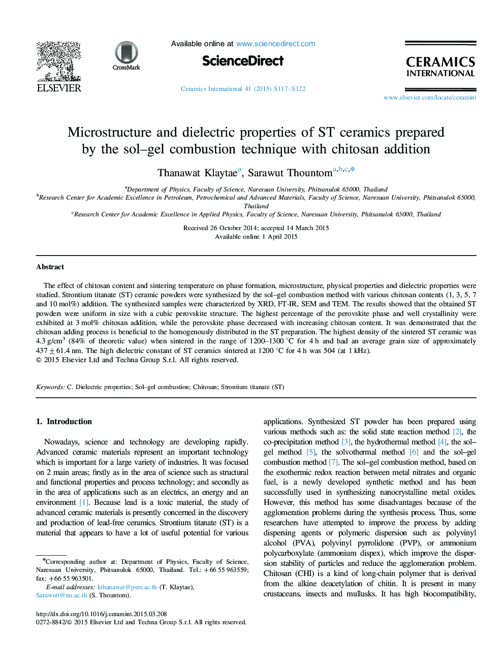 Microstructure and dielectric properties of ST ceramics prepared by the sol–gel combustion technique with chitosan addition