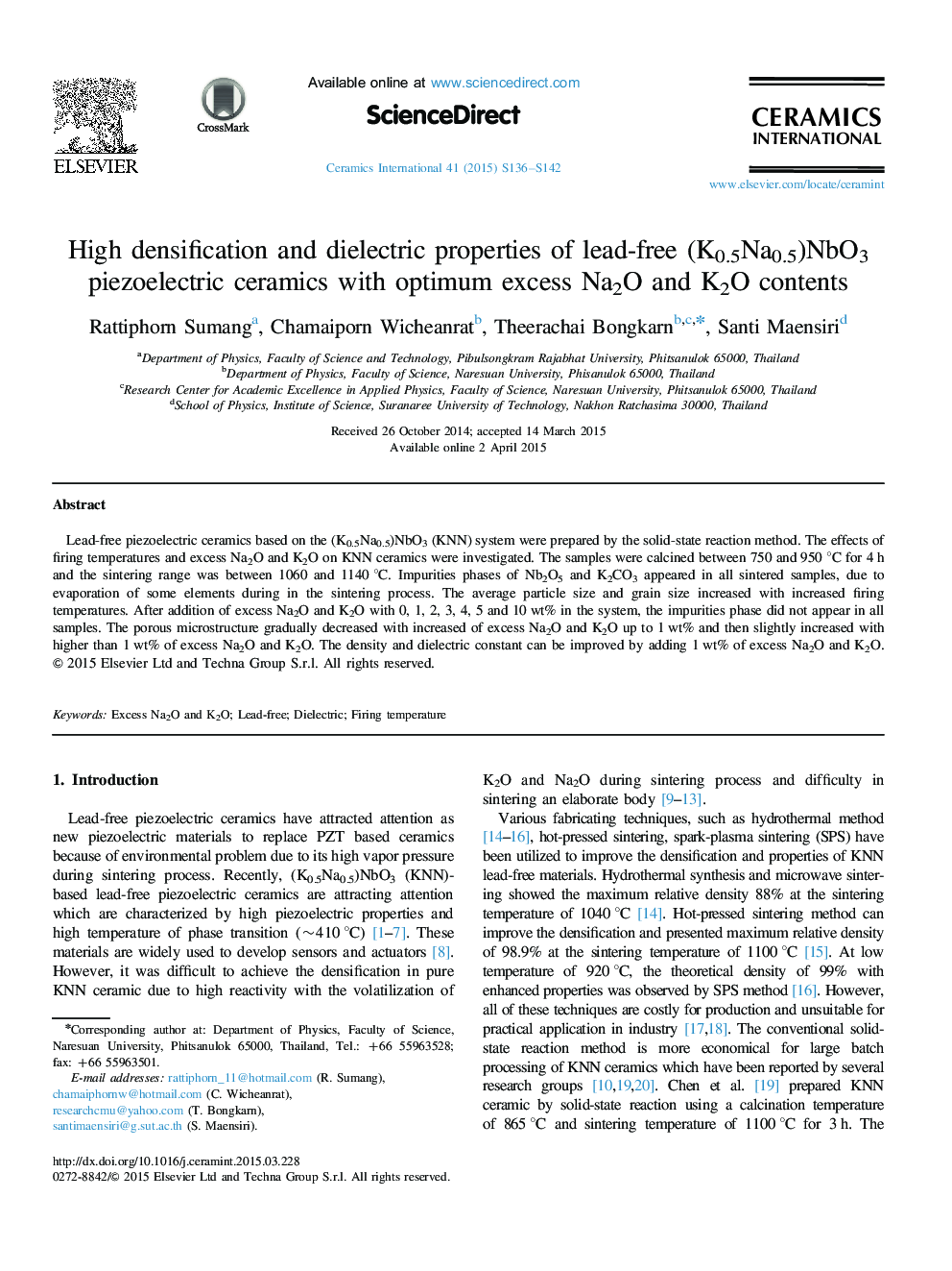 High densification and dielectric properties of lead-free (K0.5Na0.5)NbO3 piezoelectric ceramics with optimum excess Na2O and K2O contents