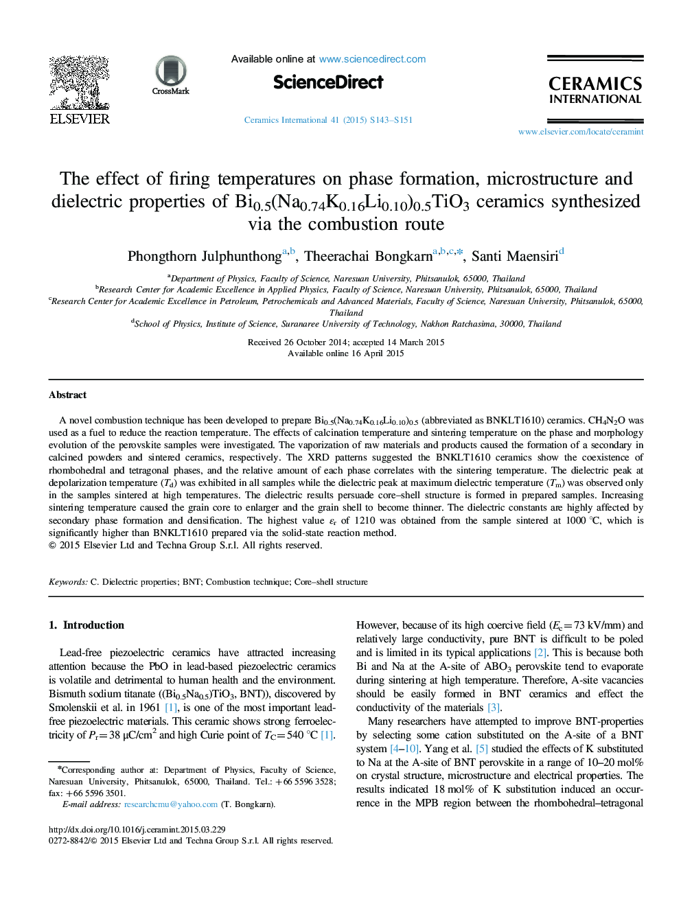 The effect of firing temperatures on phase formation, microstructure and dielectric properties of Bi0.5(Na0.74K0.16Li0.10)0.5TiO3 ceramics synthesized via the combustion route