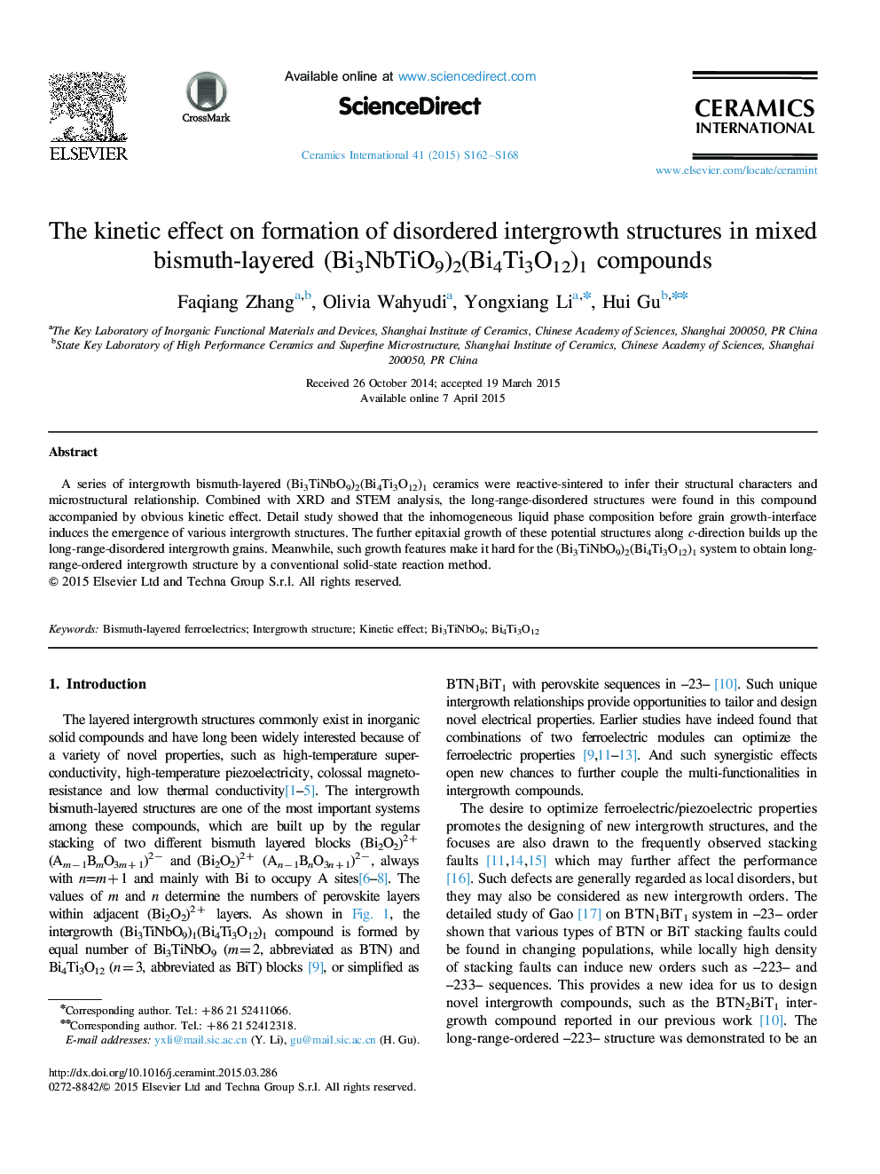 The kinetic effect on formation of disordered intergrowth structures in mixed bismuth-layered (Bi3NbTiO9)2(Bi4Ti3O12)1 compounds