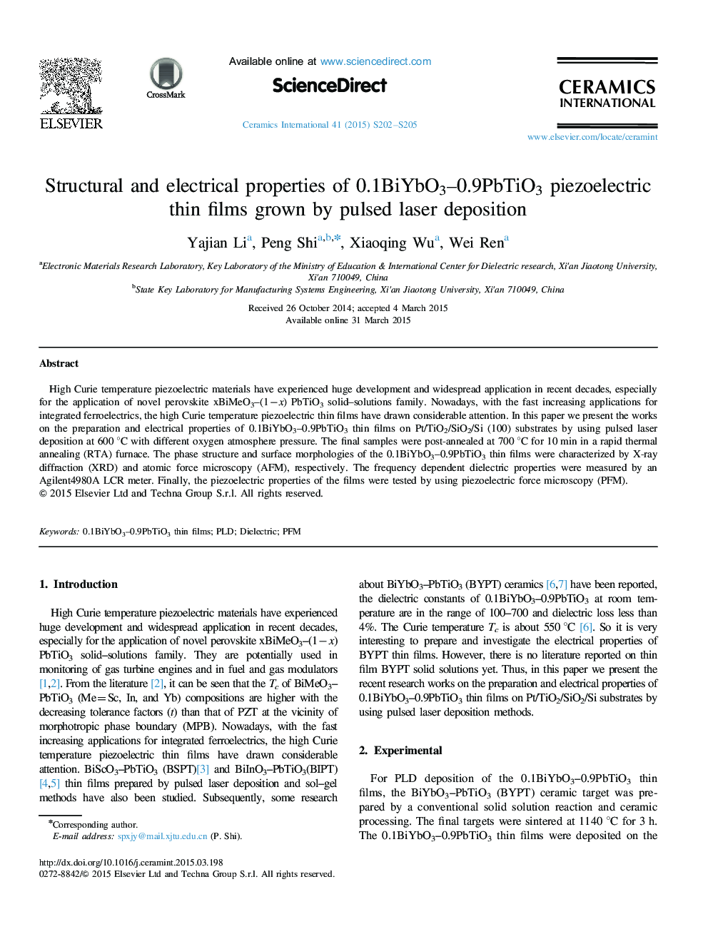 Structural and electrical properties of 0.1BiYbO3–0.9PbTiO3 piezoelectric thin films grown by pulsed laser deposition