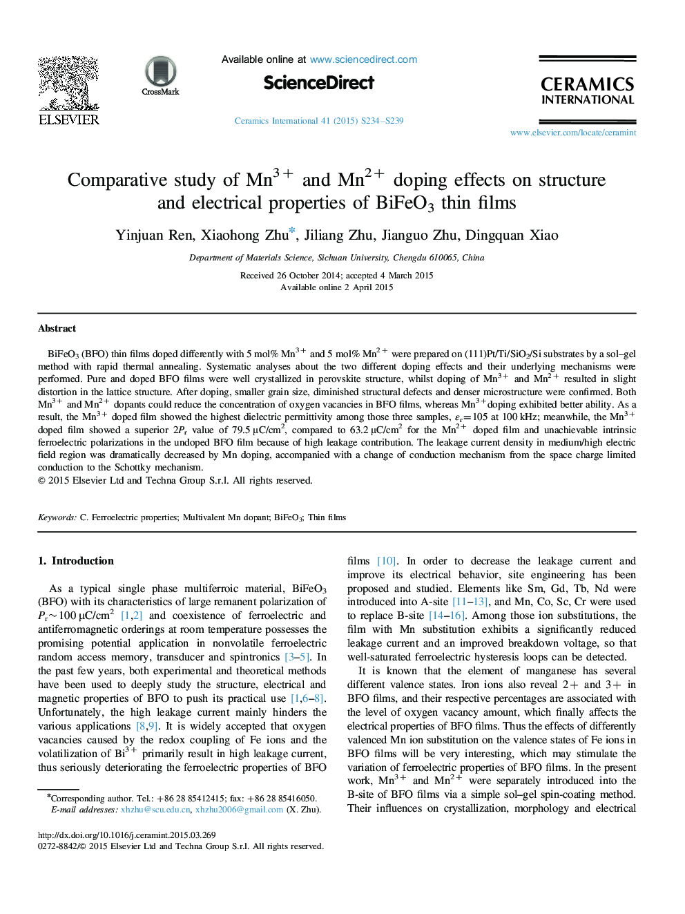 Comparative study of Mn3+ and Mn2+ doping effects on structure and electrical properties of BiFeO3 thin films