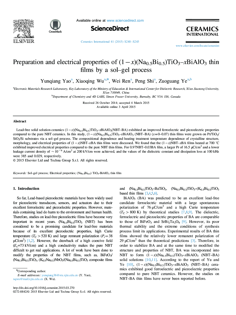 Preparation and electrical properties of (1−x)(Na0.5Bi0.5)TiO3–xBiAlO3 thin films by a sol–gel process