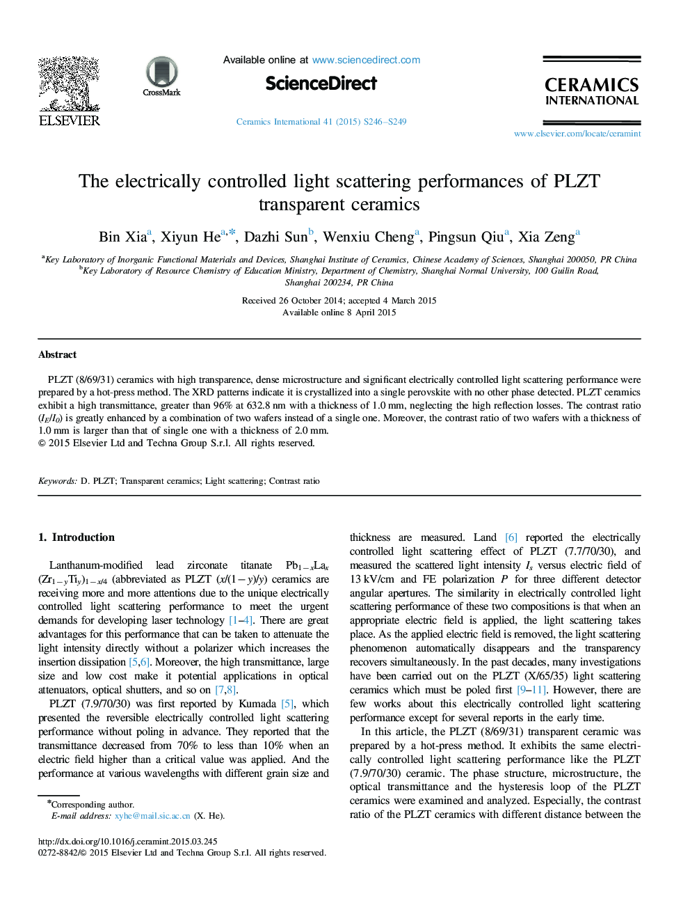 The electrically controlled light scattering performances of PLZT transparent ceramics
