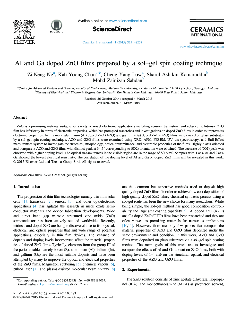 Al and Ga doped ZnO films prepared by a sol–gel spin coating technique