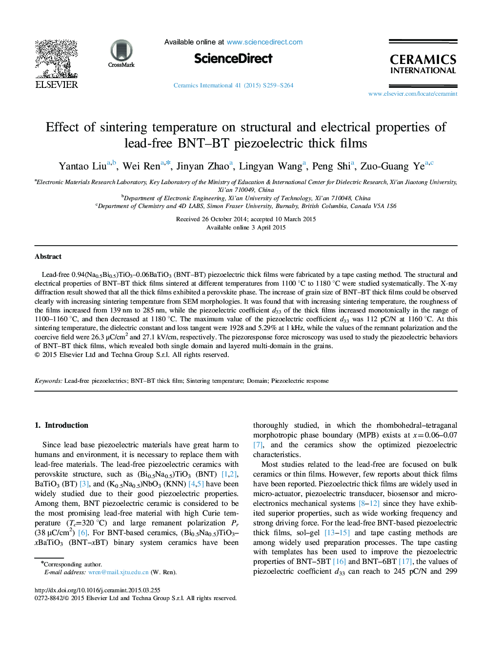 Effect of sintering temperature on structural and electrical properties of lead-free BNT–BT piezoelectric thick films