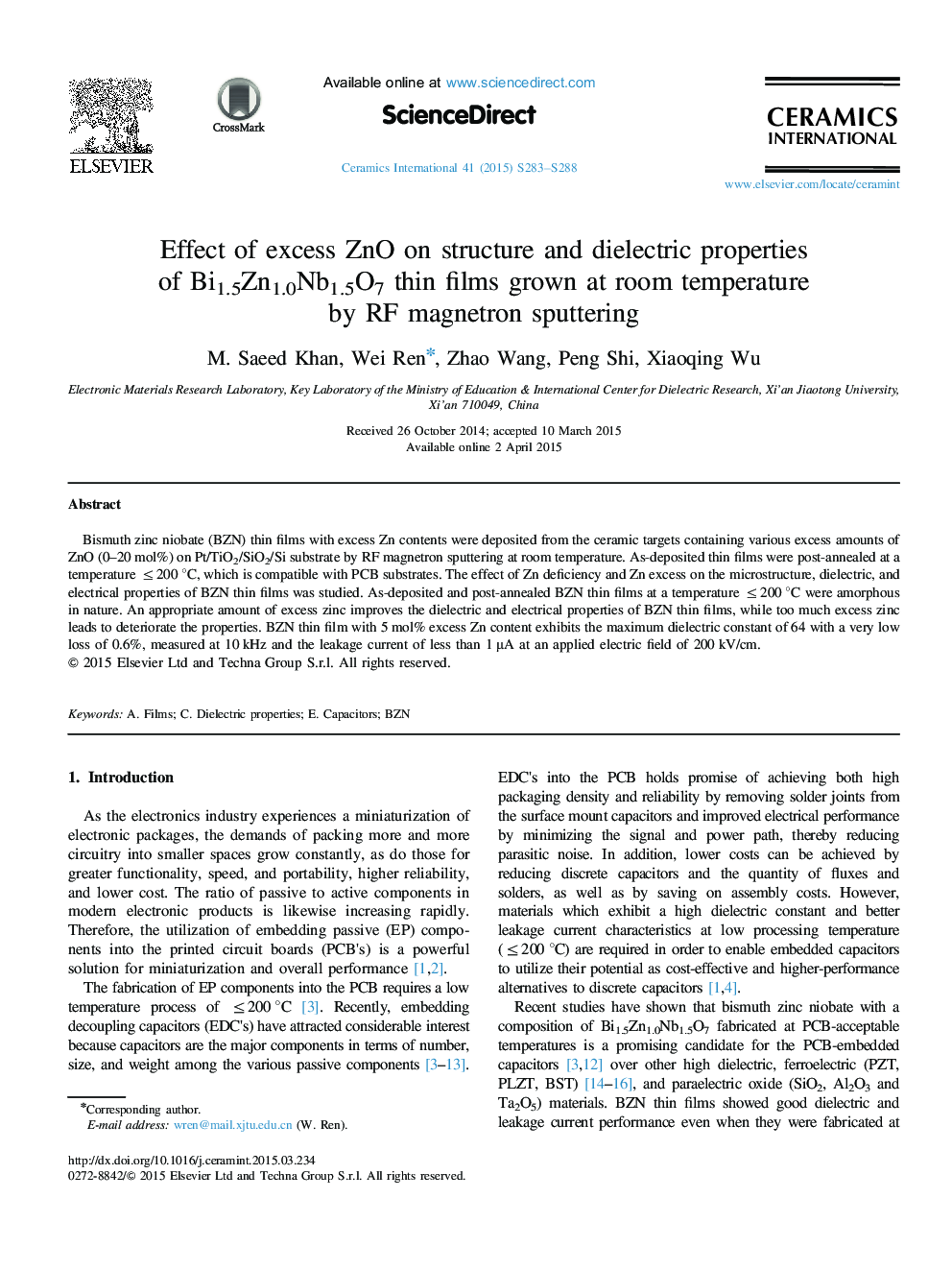 Effect of excess ZnO on structure and dielectric properties of Bi1.5Zn1.0Nb1.5O7 thin films grown at room temperature by RF magnetron sputtering