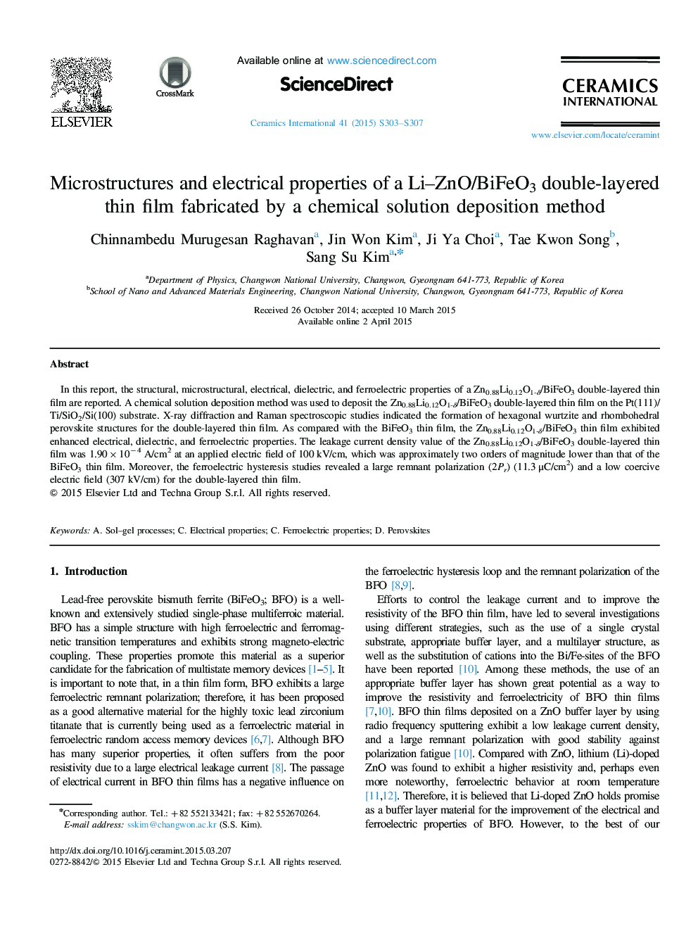 Microstructures and electrical properties of a Li–ZnO/BiFeO3 double-layered thin film fabricated by a chemical solution deposition method