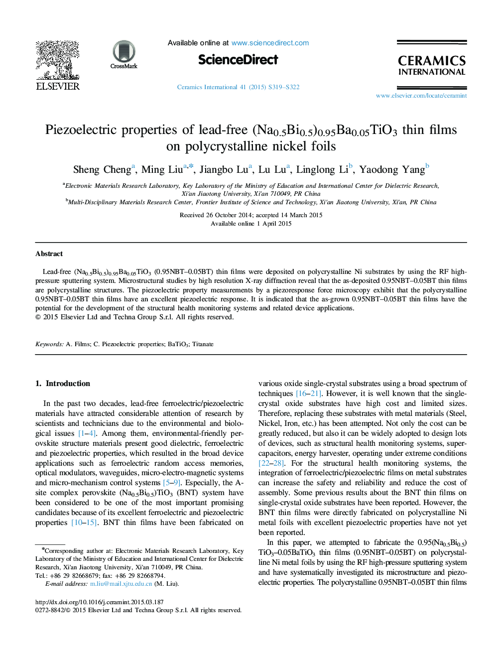 Piezoelectric properties of lead-free (Na0.5Bi0.5)0.95Ba0.05TiO3 thin films on polycrystalline nickel foils