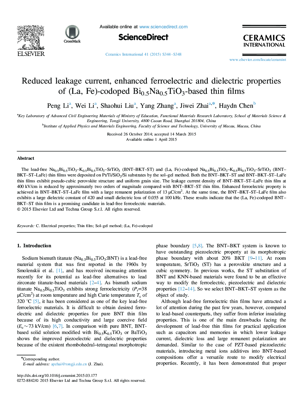 عکس صفحه اول مقاله: Reduced leakage current, enhanced ferroelectric and dielectric properties of (La, Fe)-codoped Bi0.5Na0.5TiO3-based thin films Reduced leakage current, enhanced ferroelectric and dielectric properties of (La, Fe)-codoped Bi0.5Na0.5TiO3-based thin films