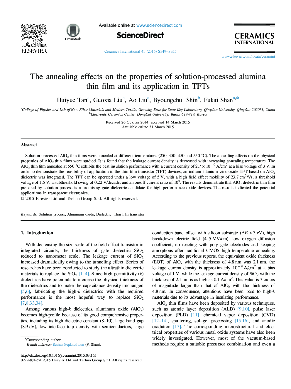 The annealing effects on the properties of solution-processed alumina thin film and its application in TFTs