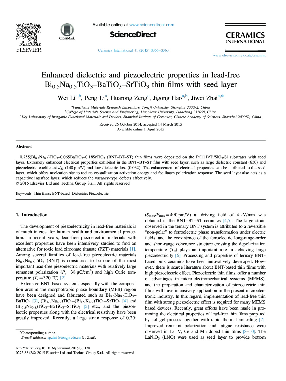 Enhanced dielectric and piezoelectric properties in lead-free Bi0.5Na0.5TiO3–BaTiO3–SrTiO3 thin films with seed layer