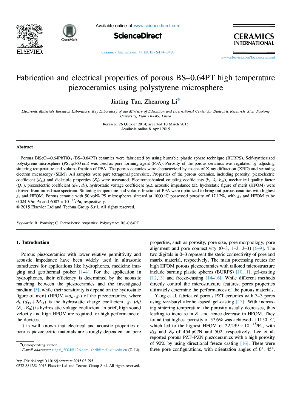 Fabrication and electrical properties of porous BS–0.64PT high temperature piezoceramics using polystyrene microsphere