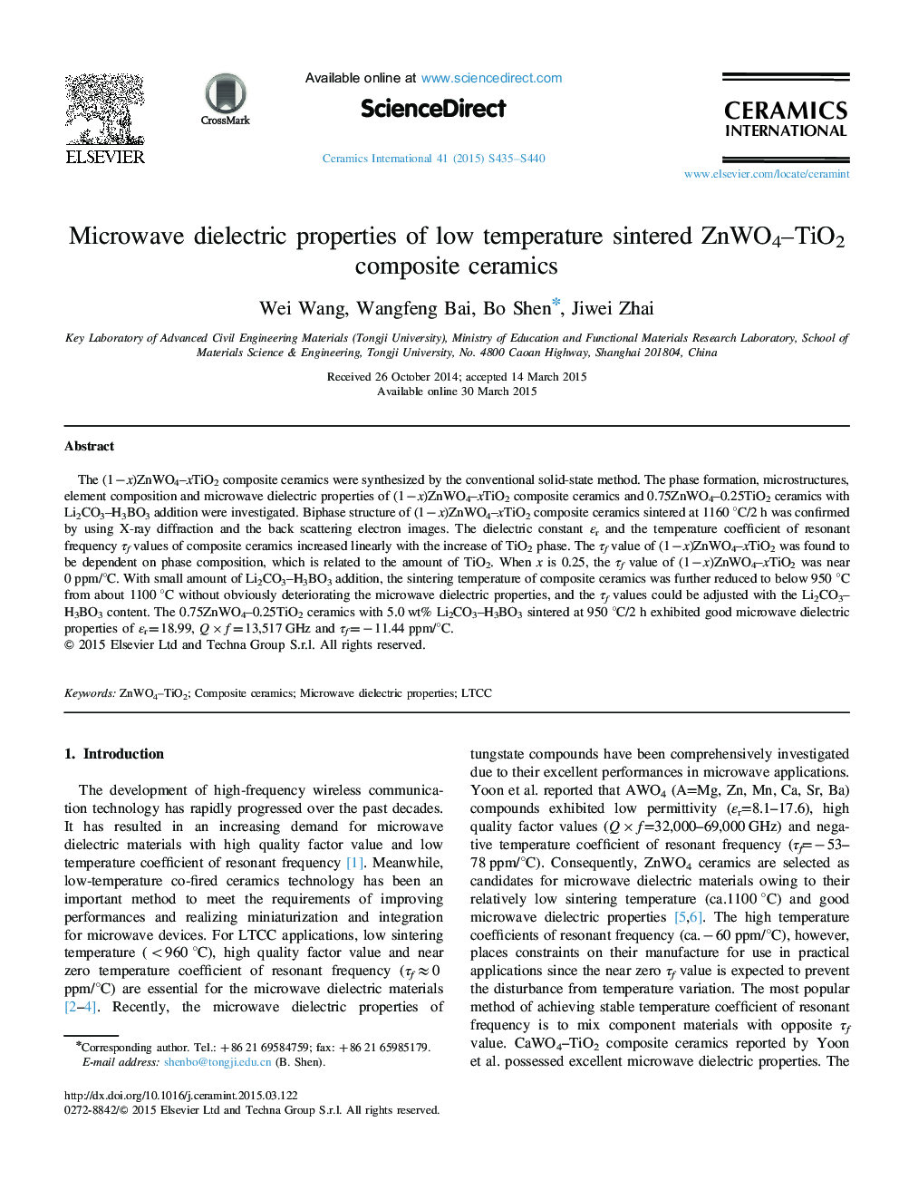 Microwave dielectric properties of low temperature sintered ZnWO4–TiO2 composite ceramics