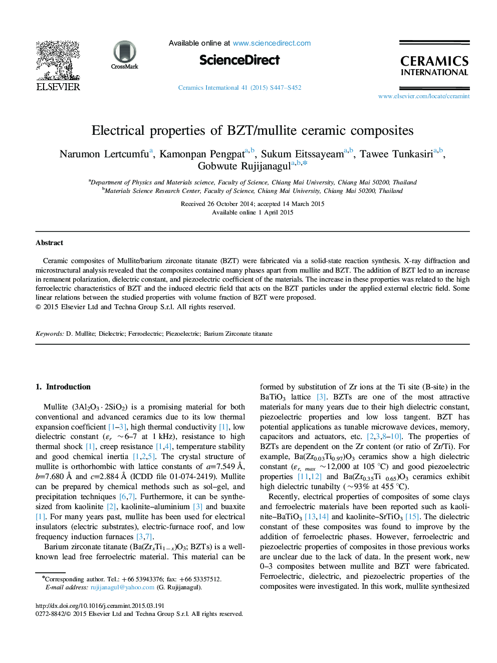 Electrical properties of BZT/mullite ceramic composites