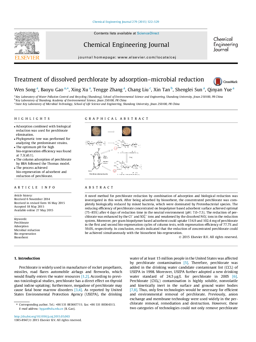 Treatment of dissolved perchlorate by adsorption–microbial reduction