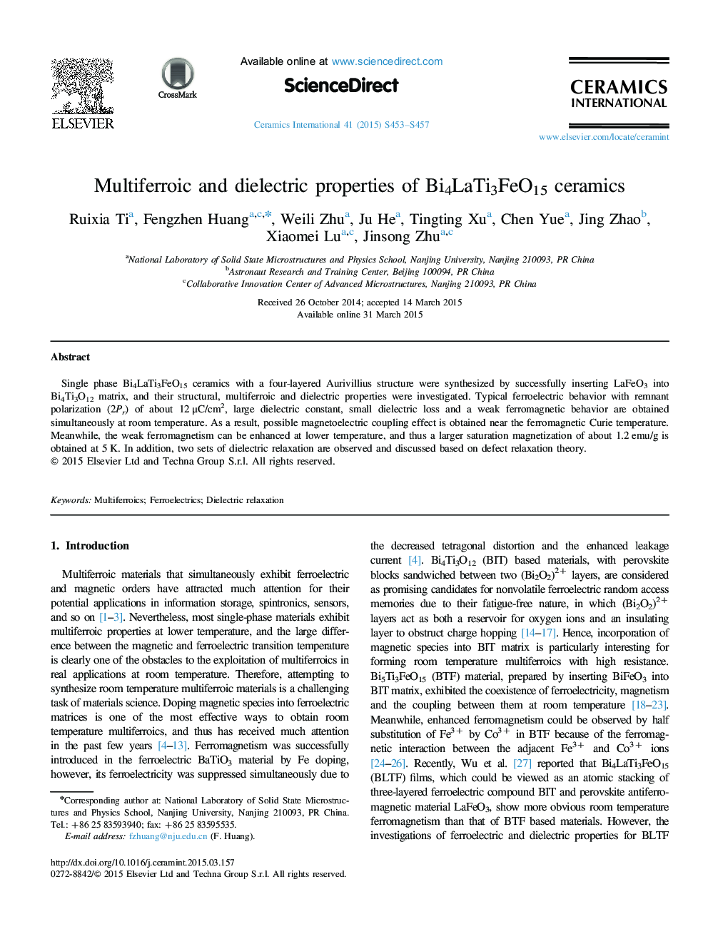 Multiferroic and dielectric properties of Bi4LaTi3FeO15 ceramics