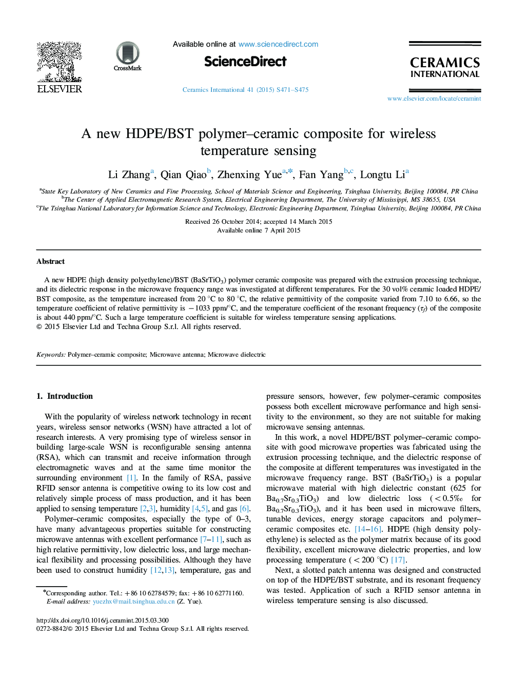 A new HDPE/BST polymer–ceramic composite for wireless temperature sensing