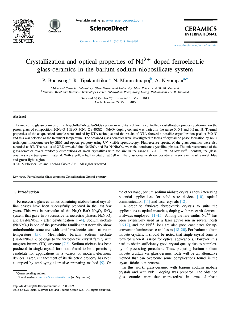 Crystallization and optical properties of Nd3+ doped ferroelectric glass-ceramics in the barium sodium niobosilicate system