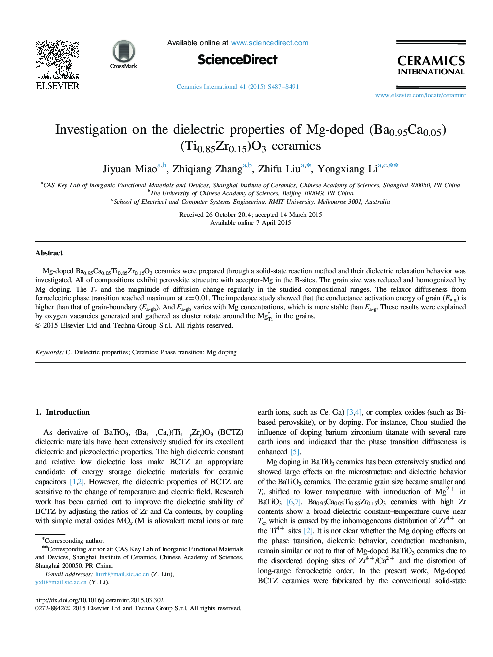 Investigation on the dielectric properties of Mg-doped (Ba0.95Ca0.05)(Ti0.85Zr0.15)O3 ceramics