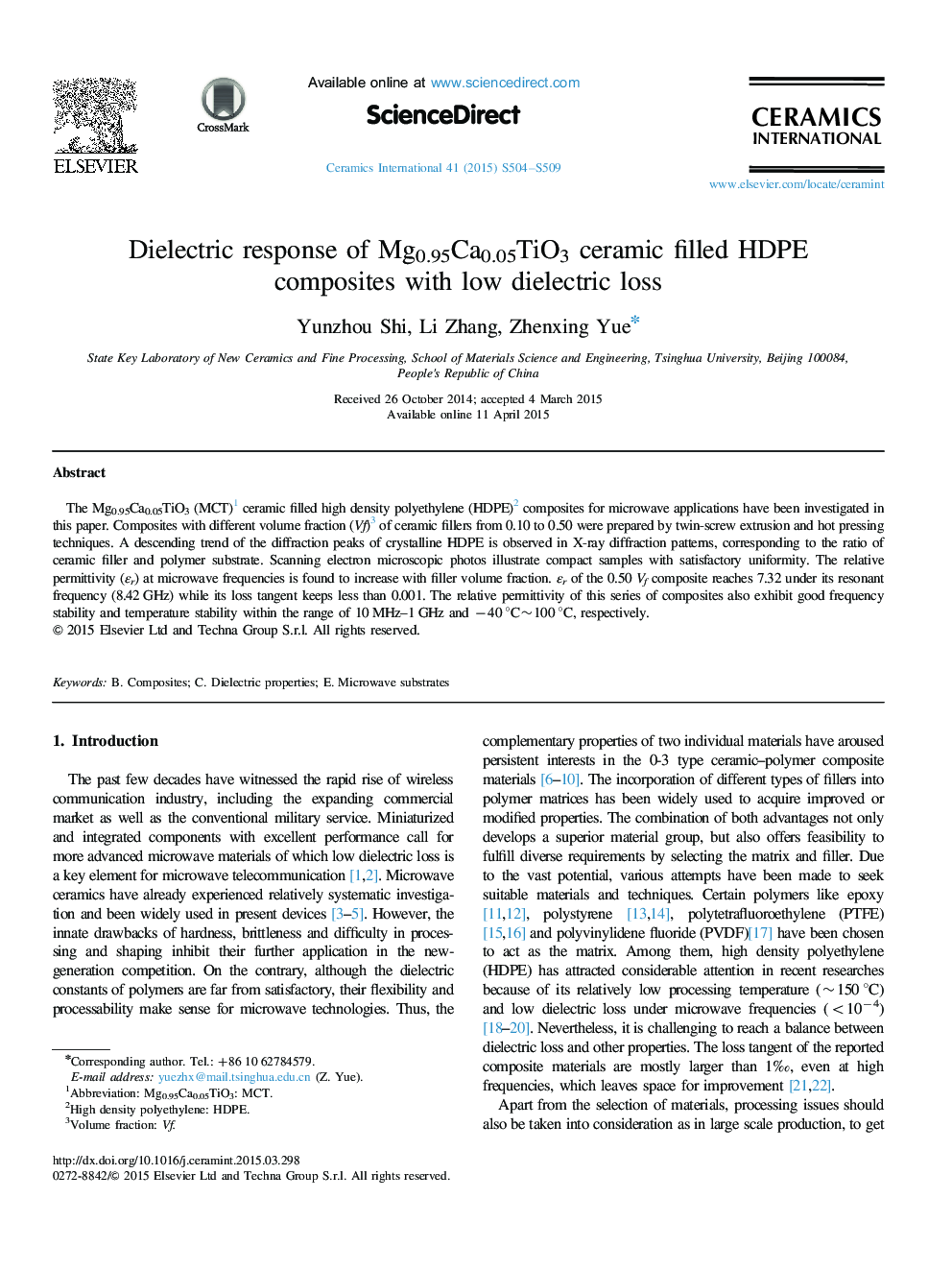 Dielectric response of Mg0.95Ca0.05TiO3 ceramic filled HDPE composites with low dielectric loss