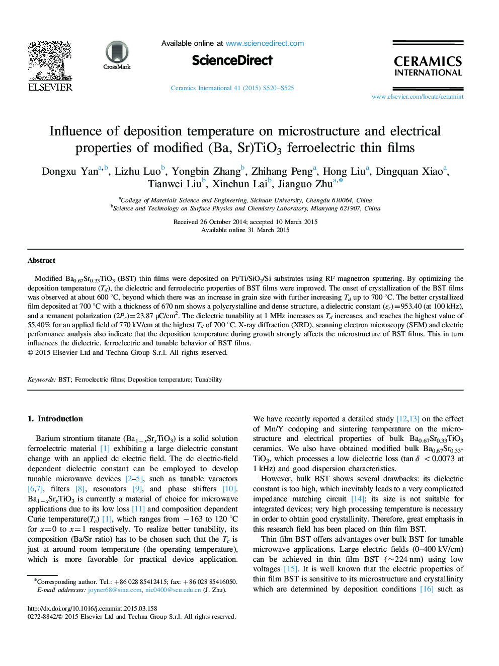 Influence of deposition temperature on microstructure and electrical properties of modified (Ba, Sr)TiO3 ferroelectric thin films