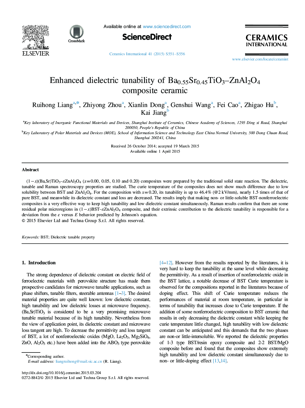 Enhanced dielectric tunability of Ba0.55Sr0.45TiO3–ZnAl2O4 composite ceramic