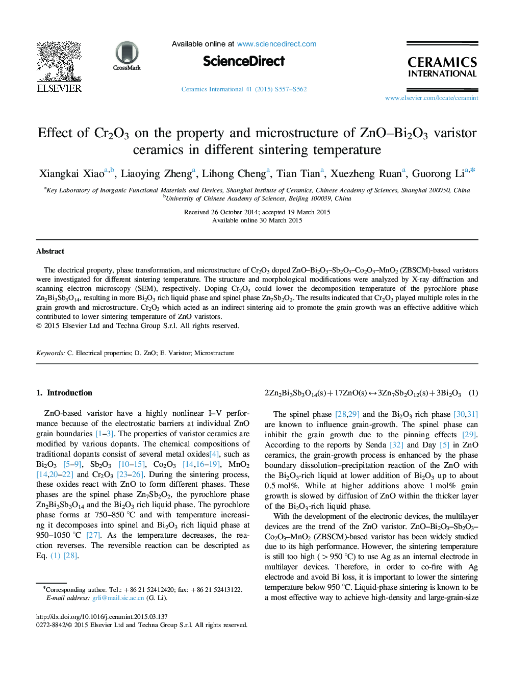 Effect of Cr2O3 on the property and microstructure of ZnO–Bi2O3 varistor ceramics in different sintering temperature