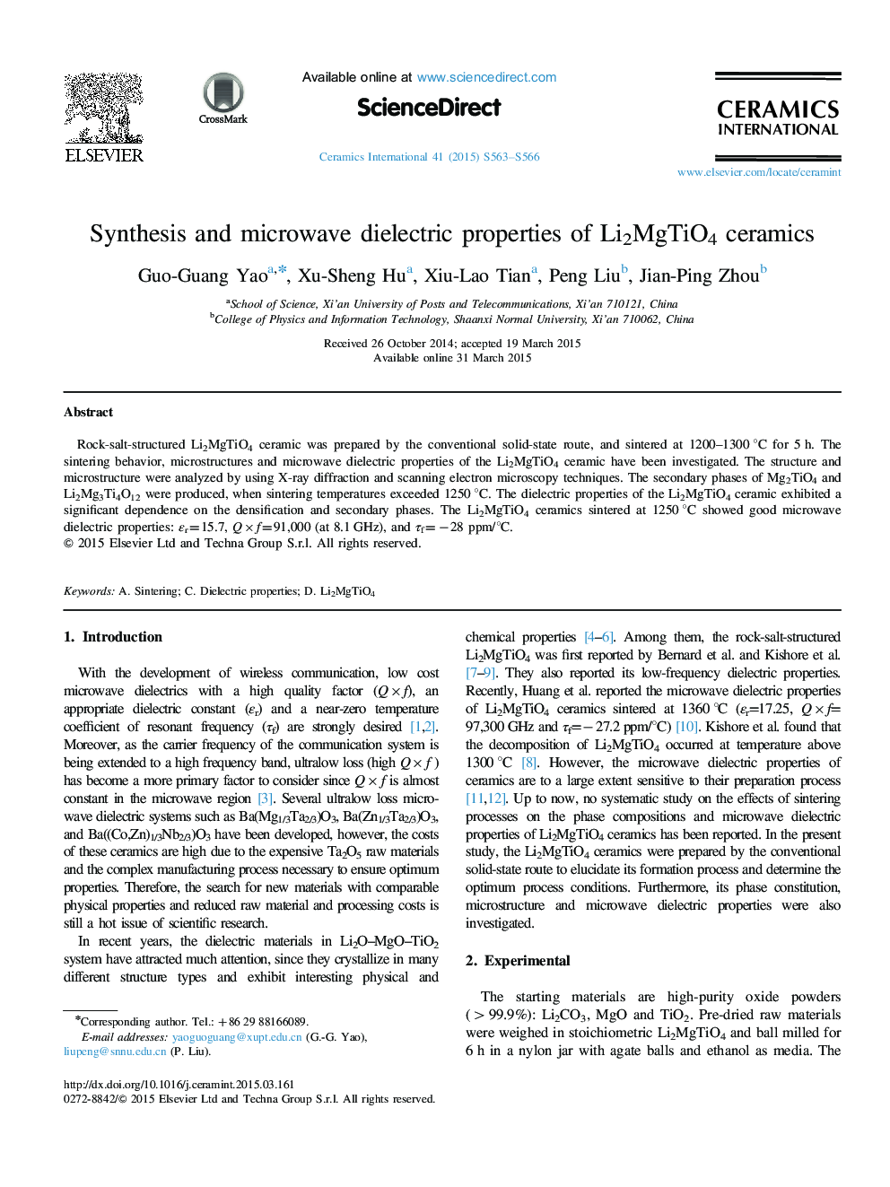 Synthesis and microwave dielectric properties of Li2MgTiO4 ceramics