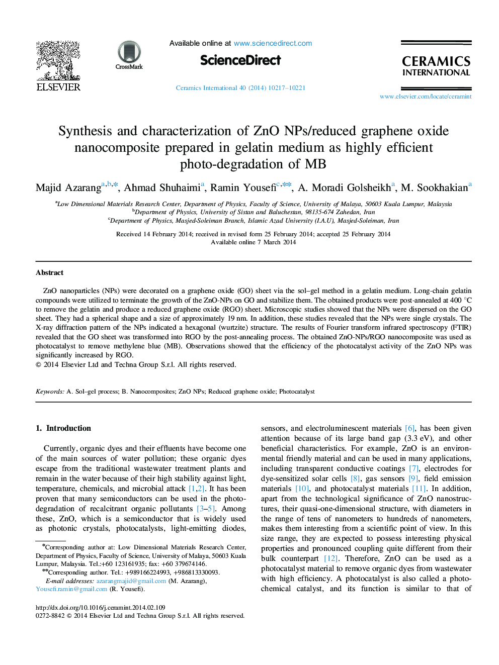 Synthesis and characterization of ZnO NPs/reduced graphene oxide nanocomposite prepared in gelatin medium as highly efficient photo-degradation of MB