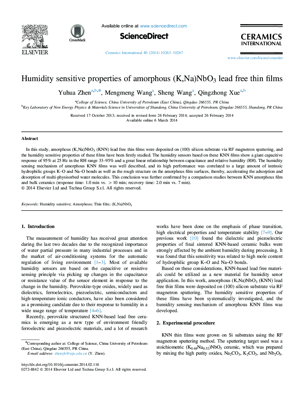 Humidity sensitive properties of amorphous (K,Na)NbO3 lead free thin films