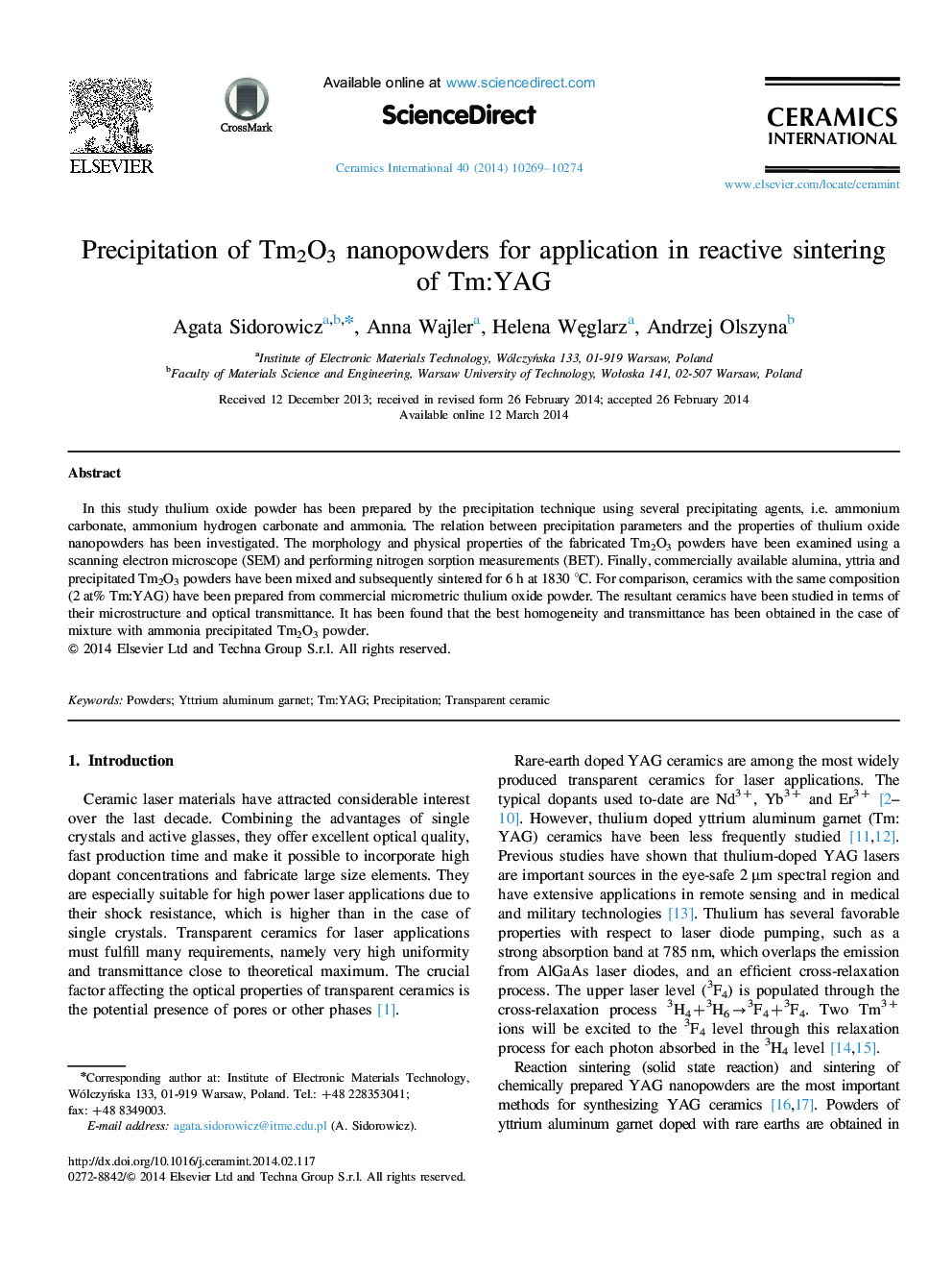 Precipitation of Tm2O3 nanopowders for application in reactive sintering of Tm:YAG