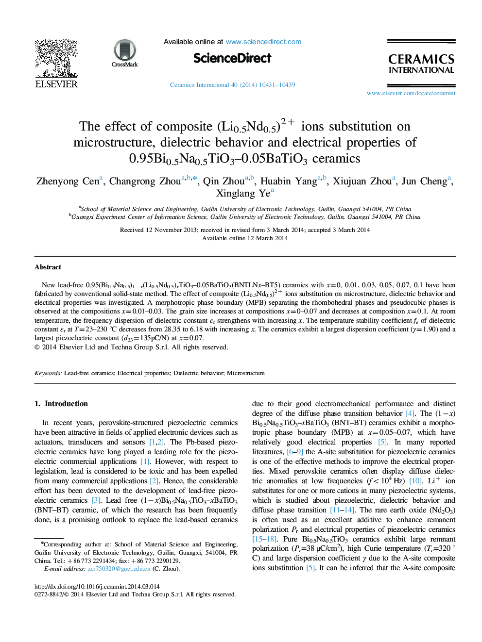 The effect of composite (Li0.5Nd0.5)2+ ions substitution on microstructure, dielectric behavior and electrical properties of 0.95Bi0.5Na0.5TiO3–0.05BaTiO3 ceramics